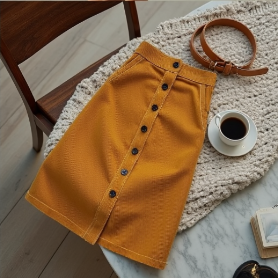 Chic High-Waist Button-Front Corduroy Skirt